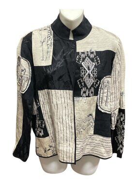Chicos Womens Patchwork Jacket Size 0 Black & Beige Linen/Silk Animal Print